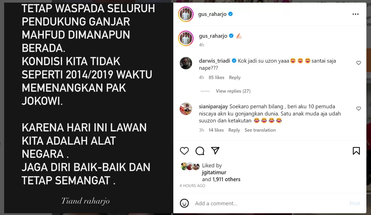 Unggahan pegiat media sosial terkait langkah Gibran menjadi Cawapres. (Foto: Instagram @gus_raharjo)