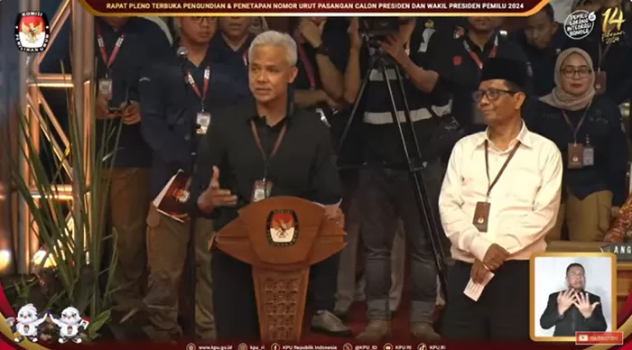 Pidato Capres Ganjar Pranowo di KPU RI. (Foto: Tangkap layar YouTube KPU RI)