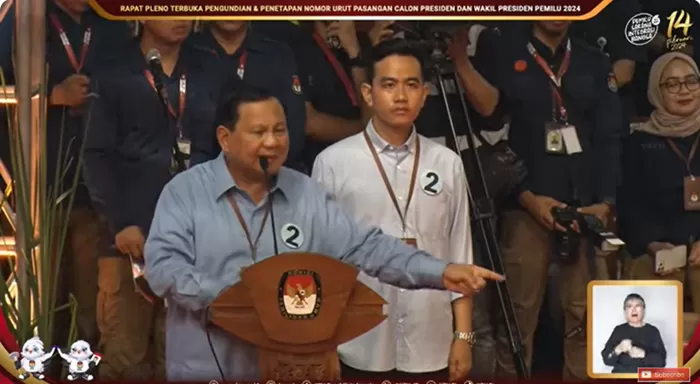 Pasangan Capres Prabowo Subianto dan Cawapres Gibran Rakabuming Raka mendapat nomor urut 2. (Foto: Tangkap layar YouTube KPU RI)