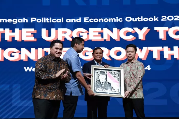 Prabowo Subianto acara Trimegah Politic and Economic Outlook 2024 di Jakarta. (Foto: Istimewa)