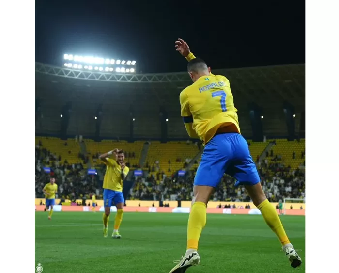 Selebrasi Cristiano Ronaldo usai mencetak gol di pertandingan Al Nassr VS Al Feiha. (Foto: Twitter/X @AlNassrFC_EN)