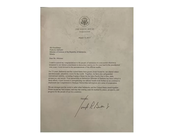 Surat ucapan selamat Joe Biden kepada Prabowo Subianto. (Foto: Instagram @prabowo)