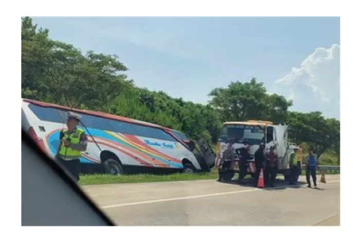 Bus Rosalia Indah terperosok ke dalam parit sepanjang 200 m di KM 370 A Tol Batang-Semarang, Jateng. (Foto: Twitter @BolaBolaAja)