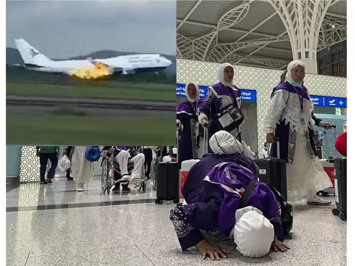 Jemaah haji kloter Makassar UPG-05 sujud syukur saat tiba di Madinah usai batal terbang lantaran mesin pesawat terbakar. (Foto: Edited by Al-Afgani)