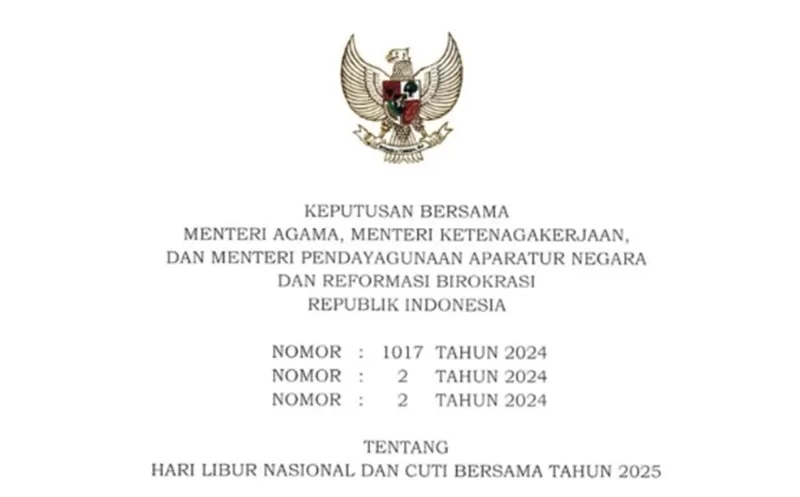 Potret dokumen SKB Tiga Menteri tentang Hari Libur Nasional dan Cuti Bersama Tahun 2025. (Foto: Tangkap Dokumen)