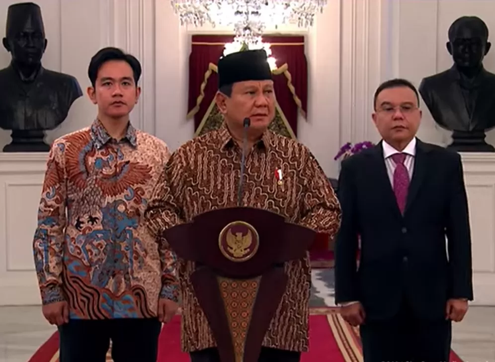 Potret Presiden Prabowo Subianto, saat mengumumkan menteri dan wakil menteri Kabinet Merah Putih, di Sitana Merdeka, Minggu (20/10/2024) malam. (Foto: Tangkapan layar YouTube BPMI Setpres)