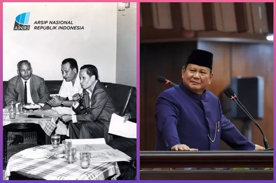 Potret para anggota Kabinet Dwikora Era Soekarno (kiri) dan Presiden RI Prabowo Subianto (kanan).  (Foto: Instagram.com / @arsipnasionalri - @prabowo)