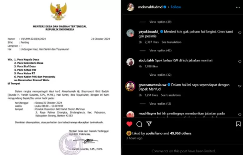 Postingan Mahfud MD terkait dugaan Surat Undangan Haul dari Menteri Desa Yandri Susanto.  (Foto: Tangkapan Layar Instagram @mohmahfudmd)