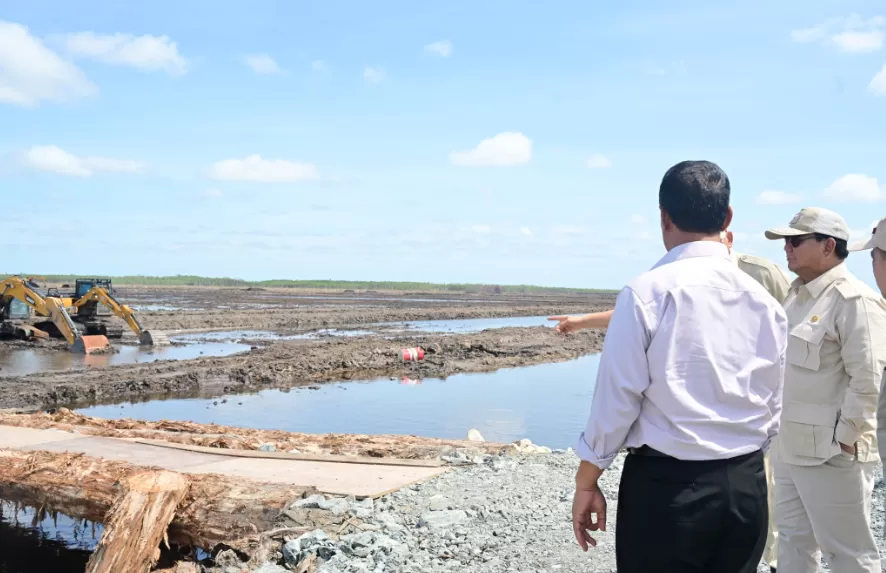 Presiden Prabowo Subianto didampingi Mentan Andi Amran Sulaiman saat meninjau  pengembangan program pertanian berkelanjutan di Desa Wanam Kabupaten Merauke, Papua Selatan, Minggu (3/11/2024). (Foto: BPMI Setpres)