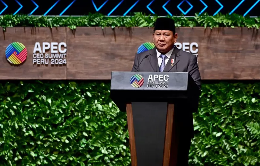 Potret Presiden Prabowo Subianto berpidato pada APEC CEO Summit 2024 di National Grand Theater Peru, Peru, Kamis (14/11/2024) waktu setempat. (Foto: Tim Prabowo)