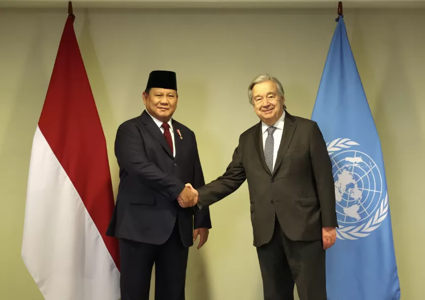 Presiden Prabowo Subianto bersama Sekjen PBB Ant&oacute;nio Guterres saat bertemu bahas kemerdekaan Palestina di di Rio de Janeiro, Brasil, Minggu (17/11/2024) siang. (Foto: Tim Prabowo)