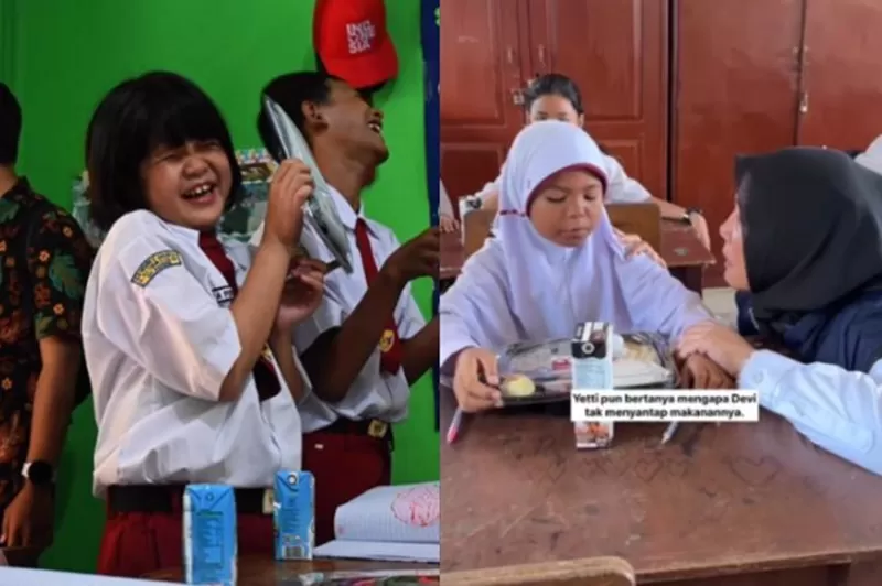 otret para siswa saat menerima makanan bergizi gratis di sekolah.  (Foto: (Instagram.com/@gibran_rakabuming - @ditresnarkobapoldasumsel)