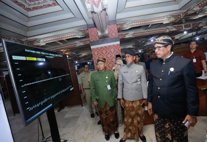 Pj Gubernur Jateng Nana Sudjana mengecek Posko Desk Pilkada di Kantor Gubernur Jateng, pada Senin (25/11/2024). (Foto: Humas Pemprov Jateng)