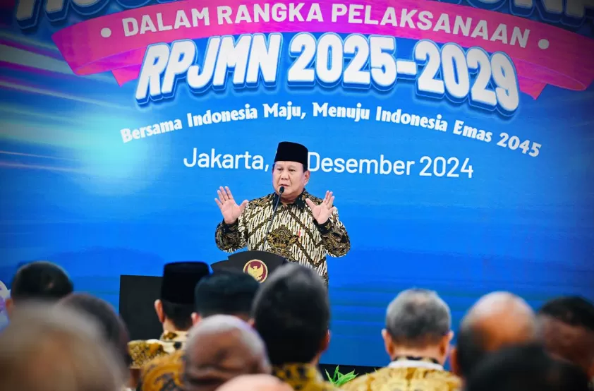 Presiden Prabowo Subianto pada acara Musyawarah Perencanaan Pembangunan Nasional (Musrenbangnas) RPJMN 2025-2029 di Gedung Bappenas, Jakarta, Senin (30/12/2024). (Foto: BPMI Setpres)