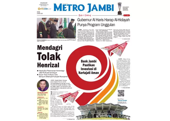 Tangkapan layar koran Harian Pagi Metro Jambi edisi Senin, 22 Mei 2023.  (Metrojambi.com)