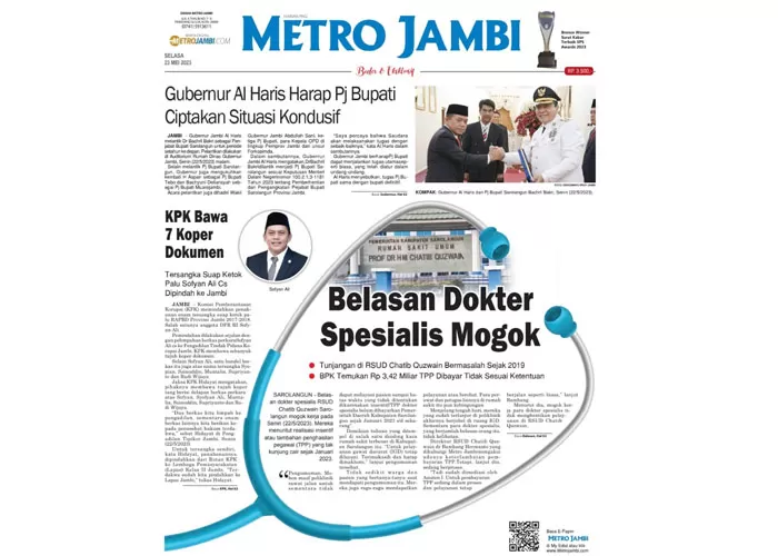Tangkapan layar koran Harian Pagi Metro Jambi edisi Selasa 23 Mei 2023.  (Metrojambi.com)