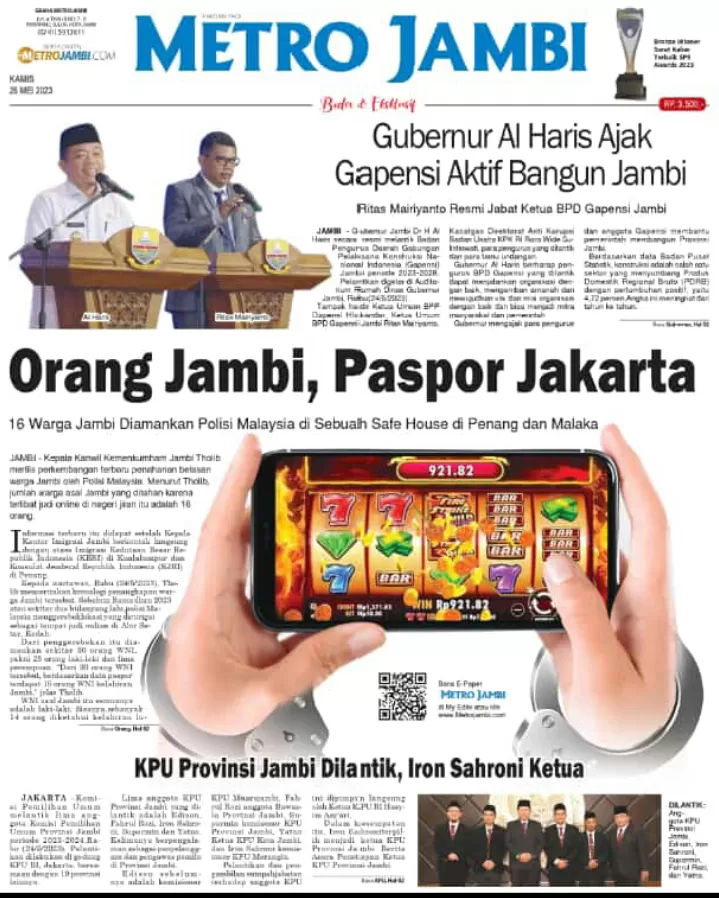Halaman muka koran Metro Jambi edisi Kamis 25 Mei 2023 (Metrojambi.com)