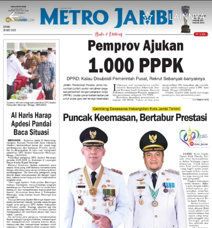 Halaman muka koran Metro Jambi edisi Senin 29 Mei 2023 (Metrojambi.com)