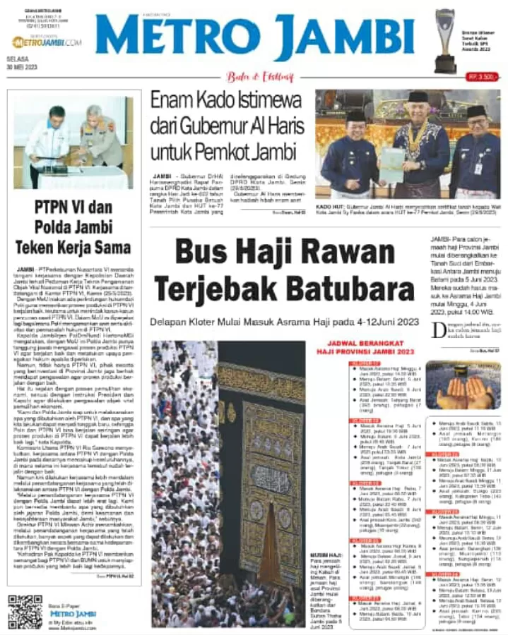 Halaman muka koran Metro Jambi edisi Selasa 30 Mei 2023 (Metrojambi.com)