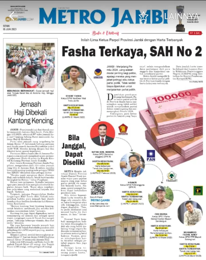 Halaman muka koran Metro Jambi edisi Senin 5 Mei 2023 (Metrojambi.com)