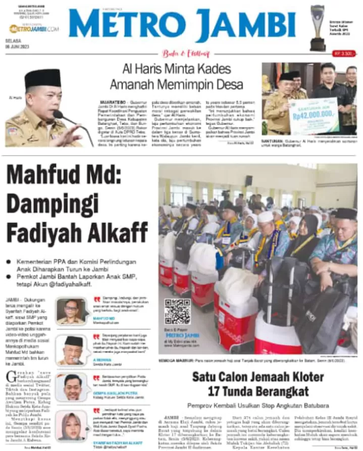 Halaman muka koran Metro Jambi edisi Selasa 6 Juni 2023 (Metrojambi.com)