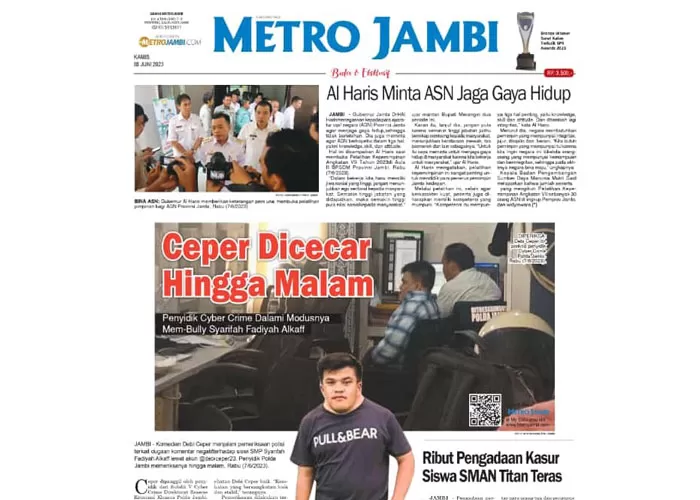 Tangkapan layar koran Harian Pagi Metro Jambi edisi Kamis, 08 Juni 2023.  (Metrojambi.com)