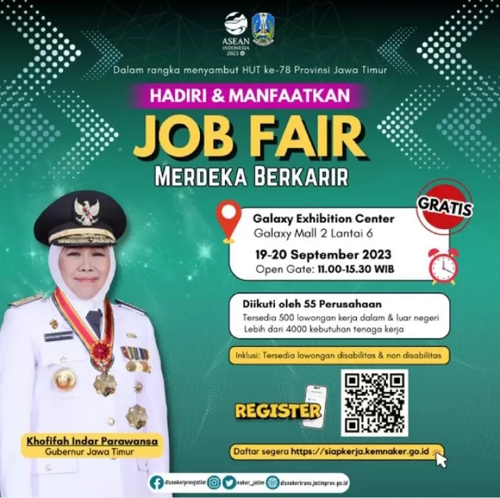 Dinas Tenaga Kerja dan Transmigrasi Provinsi Jawa Timur gelar Job Fair Merdeka Berkarir yang akan diikuti 55 perusahaan dan tersedia 500 Loker dalam dan luar negeri (Ig @kemnaker)