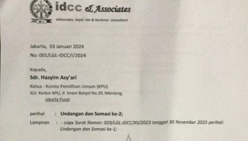 Undangan untuk Ketua KPU, Hasyim Asy'ari, dari tim kuasa hukum Roy Suryo.  (IDCC & Associates)