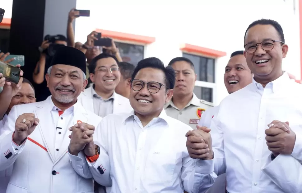 Pasangan bacapres Anies Baswedan dan bacawapres Muhaimin Iskandar dan Presiden PK) Ahmad Syaikhu di DPP PKS. (jawapos.com)