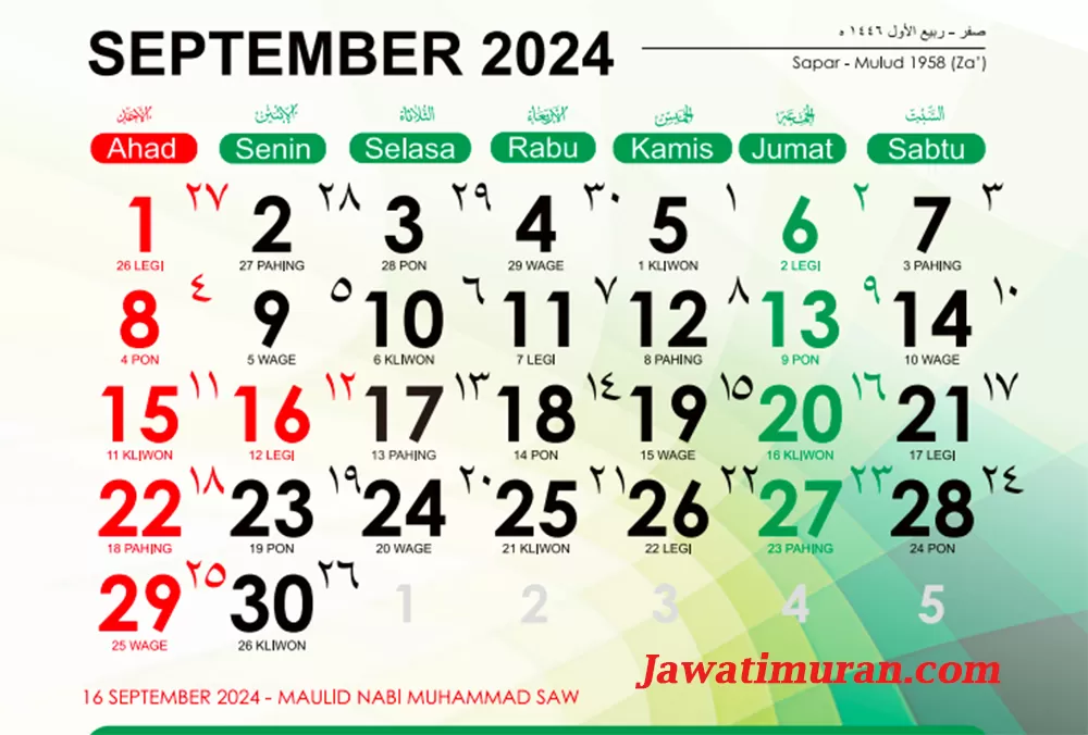 Kalender Jawa September 2024 Lengkap dengan Weton untuk Menghitung Hari