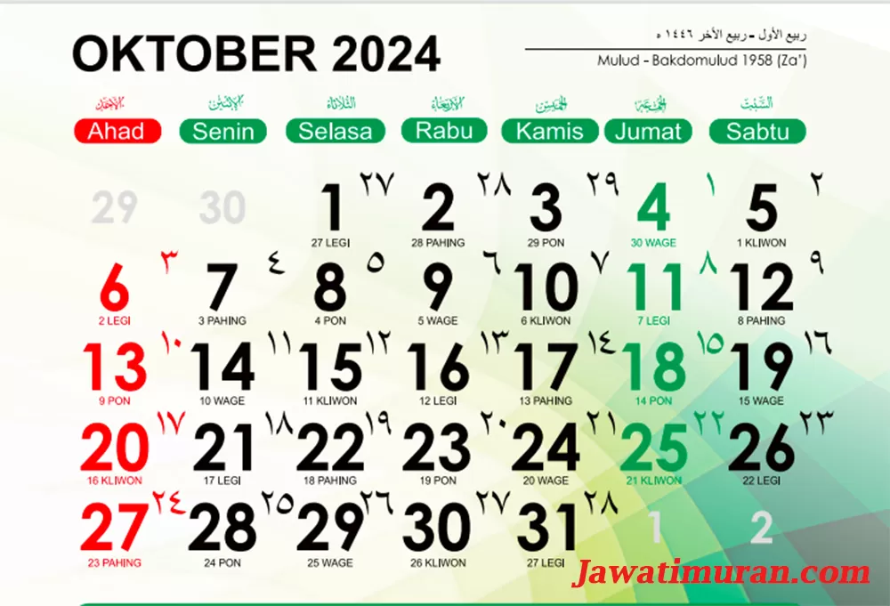 Kalender Jawa Oktober 2024 Lengkap Weton untuk Menghitung Hari Baik