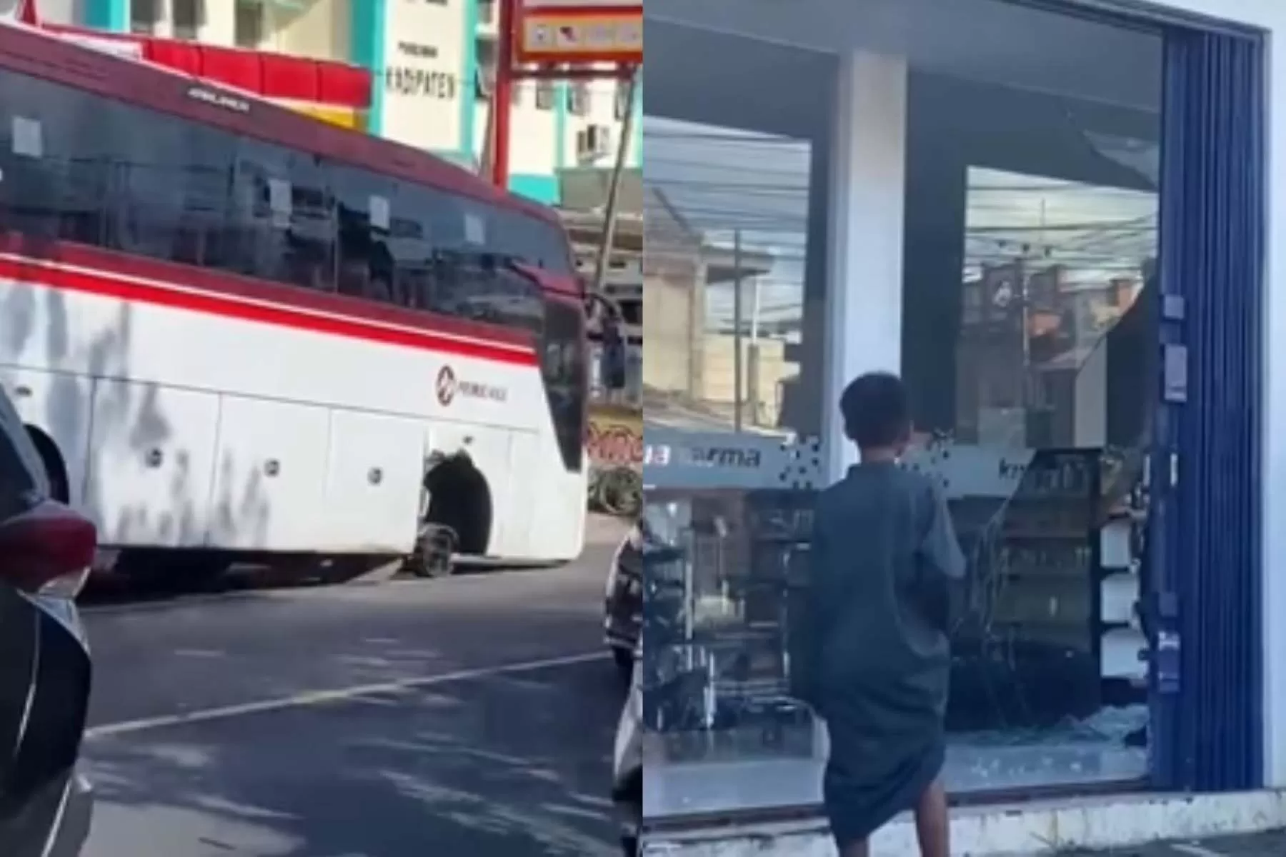 Viral di Tasikmalaya, Ban Bus Meluncur Hantam Apotek Kimia Farma. (beritantb.co.id/Instagram.com/@tasiknet)