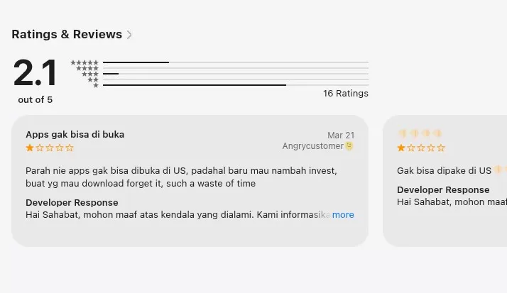Tangkapan layar ulasan buruk pengguna aplikasi TRING! Pegadaian di App Store.  (apple.store)
