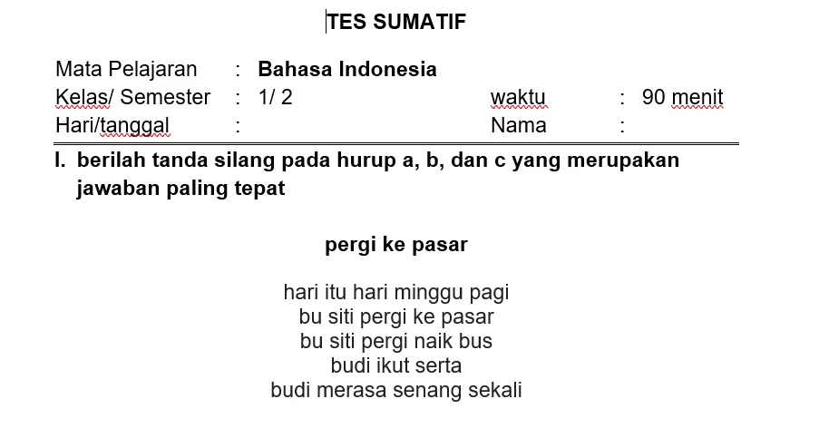 Aneka Soal Tes Sumatif Bahasa Indonesia Kelas 1 Semester Ganjil Sesuai ...