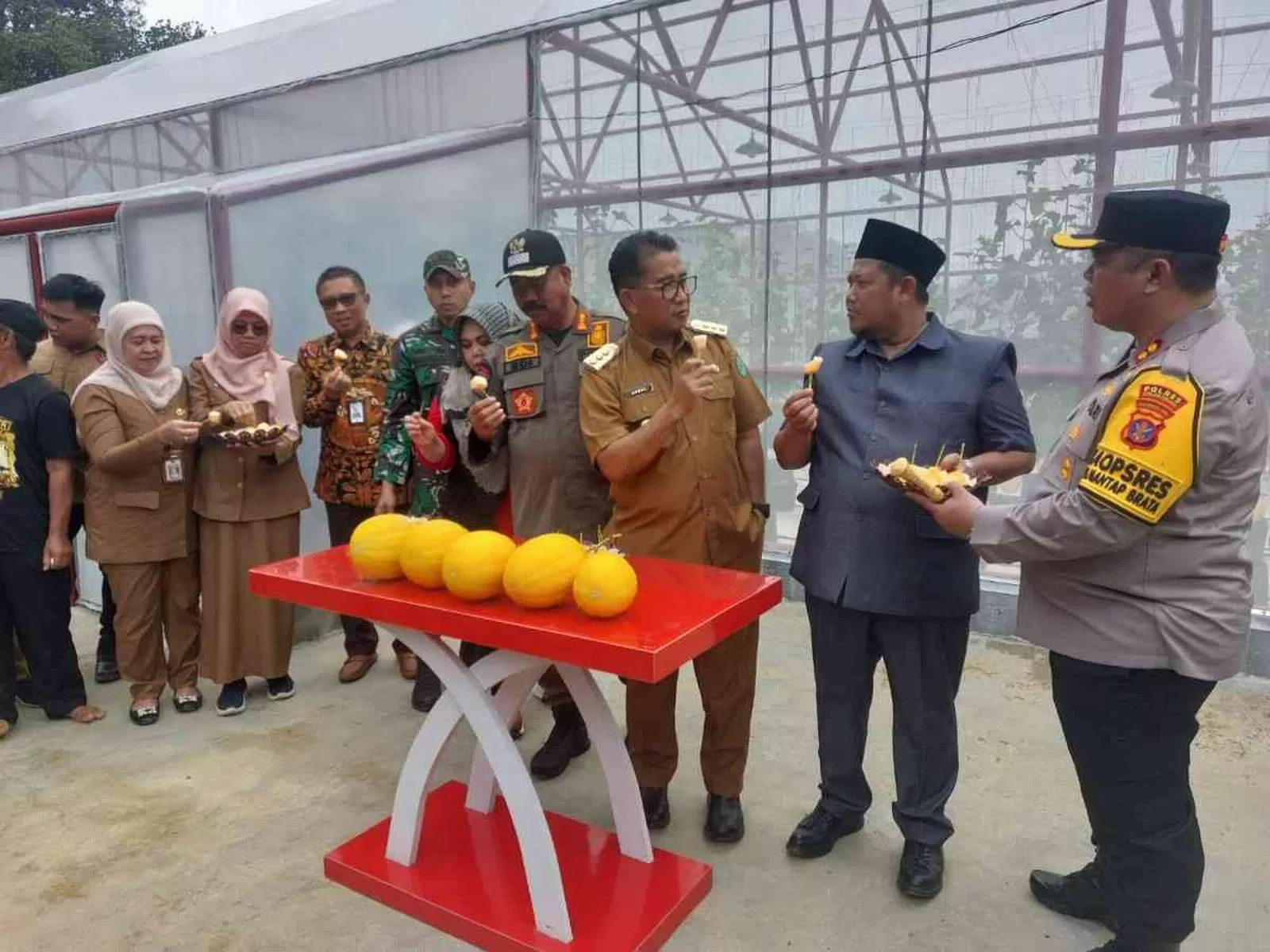 PERTANIAN: Pj Gubernur Kaltim Akmal Malik bersama Bupati Kukar Edi Damansyah dan jajaran mencicipi melon varietas golden KI hasil budi daya petani Tenggarong.  