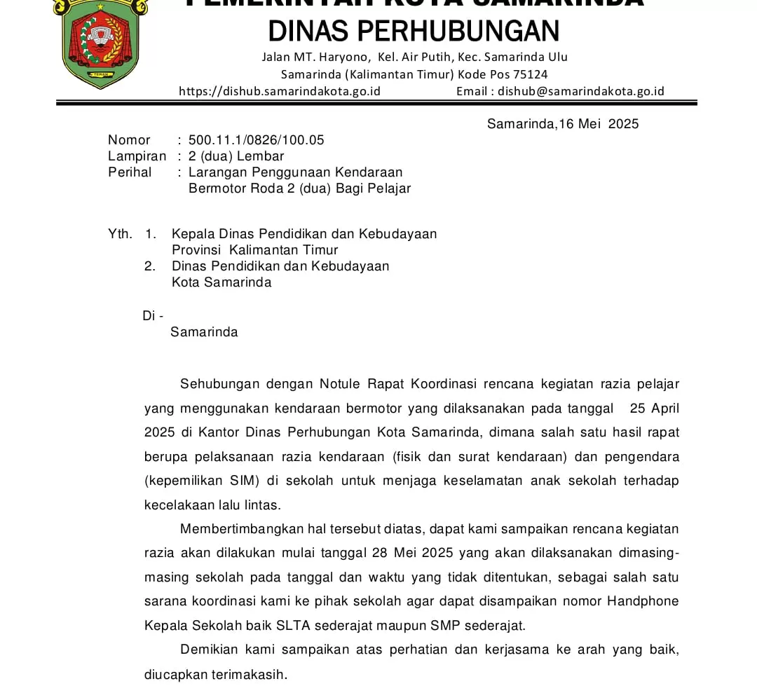 Surat edaran dari Dishub yang isinya melarang anak sekolah bawa kendaraan sendiri.