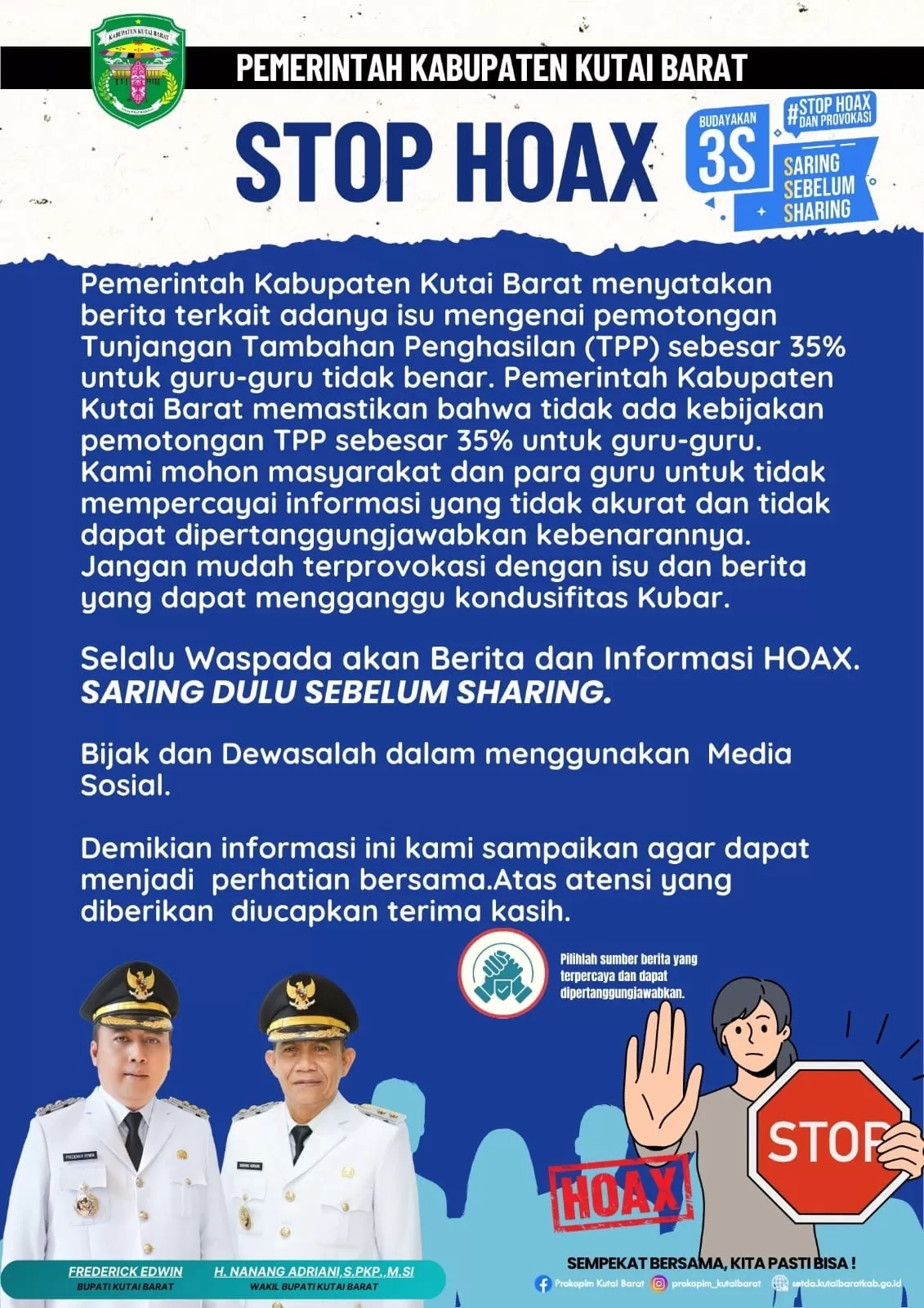 AWAS HOAKS: Imbauan Pemkab Kubar terkait isu pemotongan TPP. (ISTIMEWA)