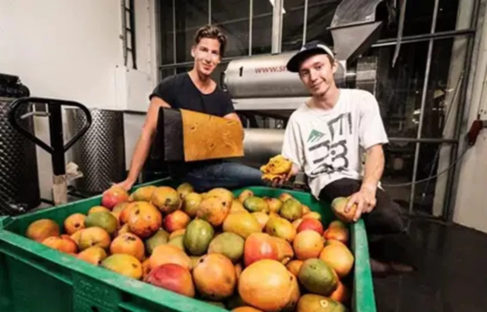 Hugo de Boon and Koen Meerkerk, pengrajin kulit sintetis dari buah mangga. (UNRIC.org)