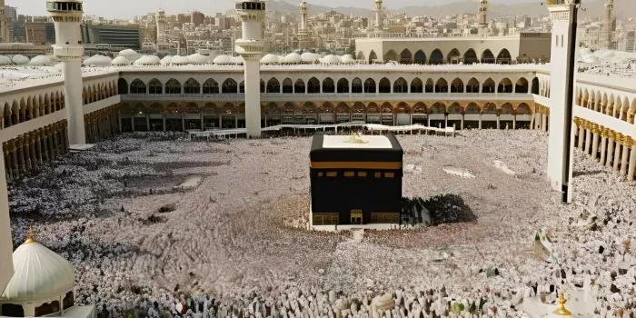 Ilustrasi Ka'bah yang dipadati oleh jutaan jamaah haji dari seluruh penjuru dunia. (Canva / AI Illustration)