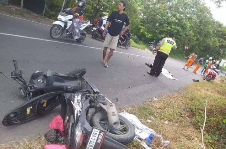 Polisi saat mendatangi TKP kecelakaan adu banteng di Cerme Gresik (Istimewa)