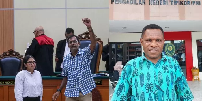 Direktur Eksekutif Papuan Observatori for Human Rights (POHR), Thomas Ch. Syufi, menilai vonis bebas Haris - Fatia bentuk kemenangan demokrasi dan hukum di Indonesia. (Kolase Ceposonline.com)