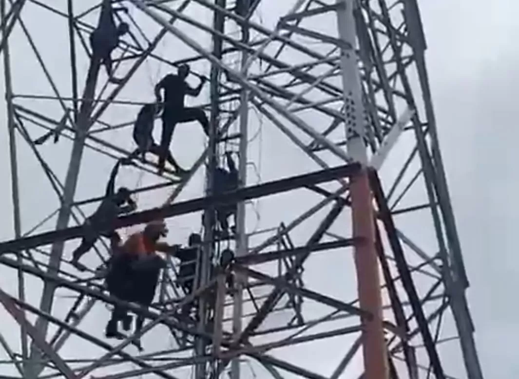 Anggota Basarnas saat berupaya mengevakuasi seorang pemuda yang hendak bunuh diri dari atas Tower di Kampung Dosay, Sentani Barat, Rabu (13/3/2024). (ceposonline.com/screenshot)
