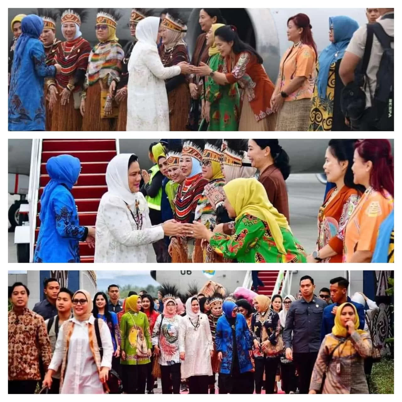 Kolase foto penyambutan ibu Negara Iriana Joko Widodo di Bandara Sentani pada Senin (22/7/2024). (GROUP WA)