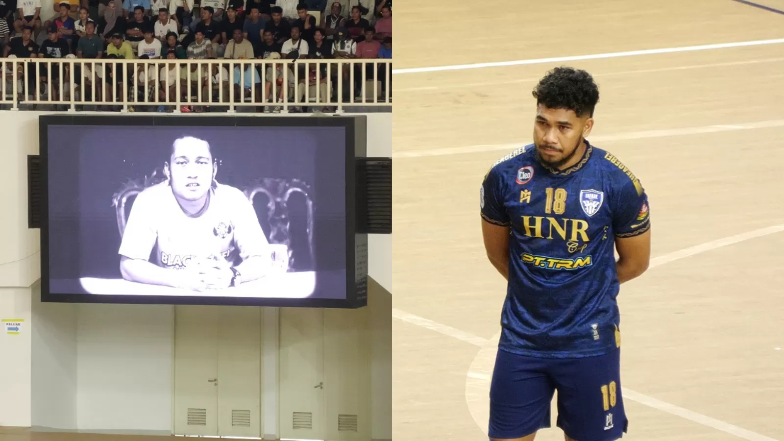 Tangis Evan Soumilena pecah ketika menyaksikan video mendiang Ledryk Amto Latuputti, atau yang akrab disapa Daddy saat laga Fafage vs Blacksteel Papua di Istora Papua Bangkit pada Sabtu (15/2/2025). (CEPOSONLINE.COM/PASKALINO ROBAHA)