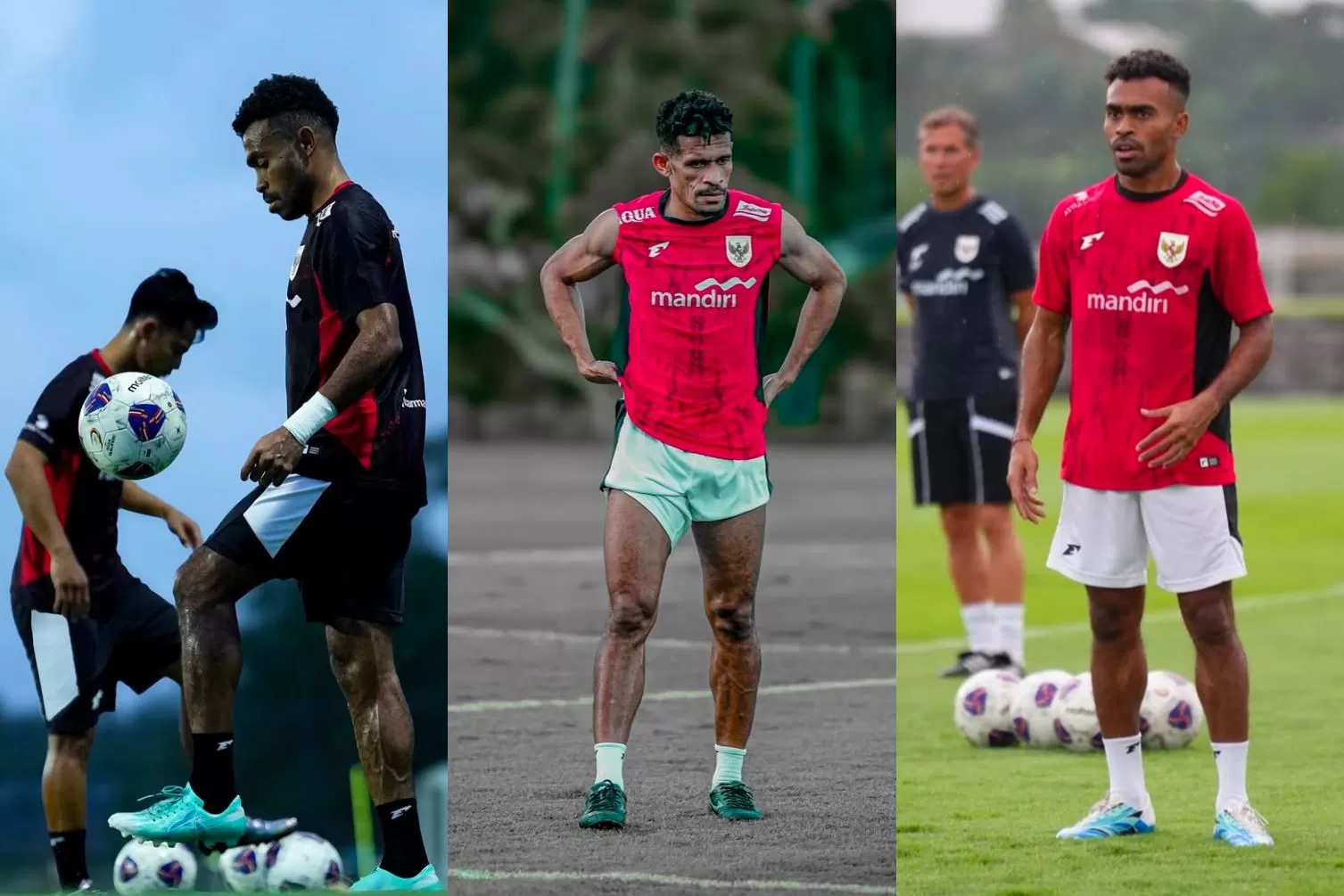 Trio Papua, Yakob Sayuri, Ricky Kambuaya, dan Yance Sayuri dalam pemusatan latihan Timnas Indonesia di Bali. (Instagram/Yakob Sayuri/Yance Sayuri/Ricky Kambuaya) (Kolase Ceposonline.com)