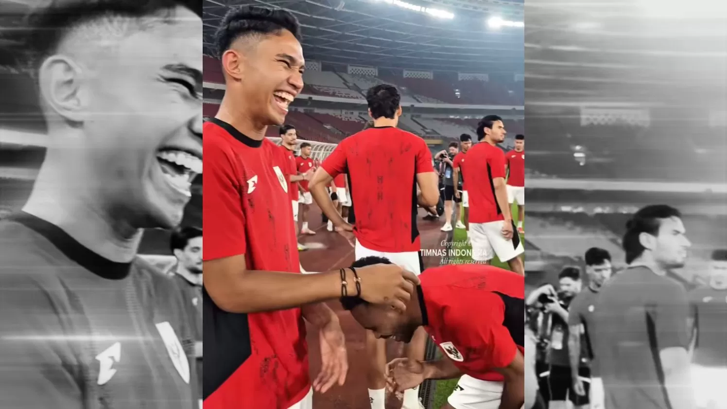 Momen lucu antara Marcelino Ferdinan, Yakob Sayuri, Ricky Kambuaya, dan Yance Sayuri. (INSTAGRAM/TIMNAS INDONESIA)