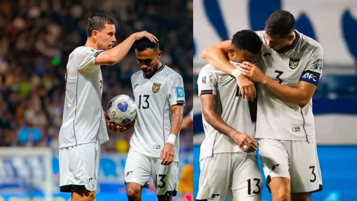 Yance Sayuri saat dihibur dua rekannya, Tom Haye (kiri) dan Kapten Jay Idzes (kanan) usai Indonesia takluk atas Jepang dalam Kualifikasi Piala Dunia 2026. (INSTAGRAM/YANCE SAYURI)