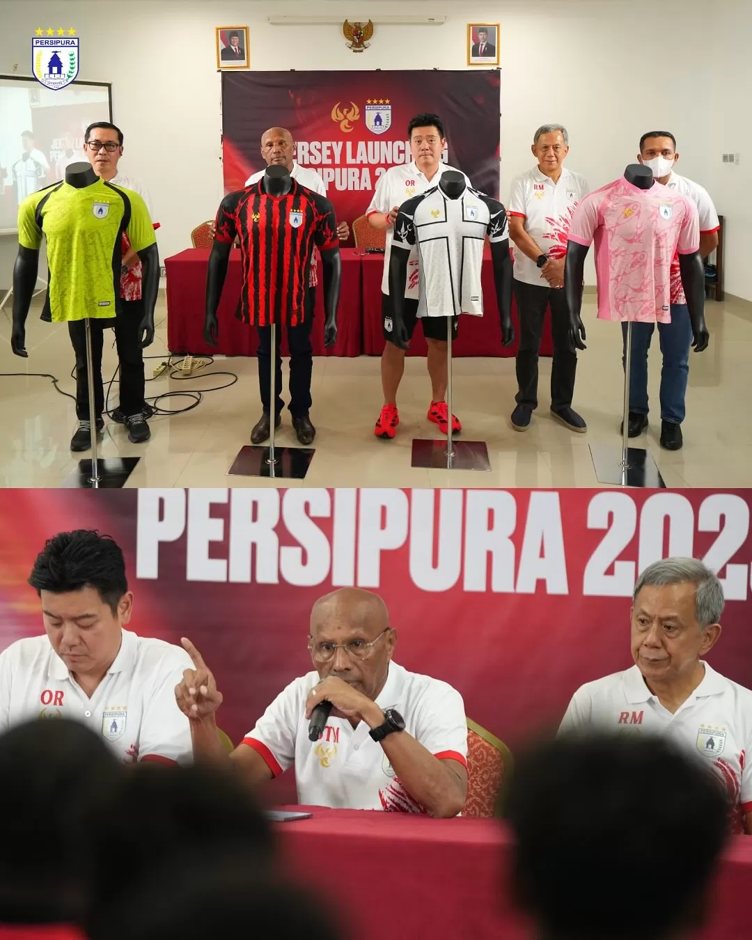Ketua Umum Persipura, Benhur Tomi Mano didampingi Manager Persipura, Owen Rahadyian dan Komisiaris Persipura, Rudy Maswi saat memperkenalkan jersey terbaru Persipura. (CEPOSONLINE.COM/ISTIMEWA).