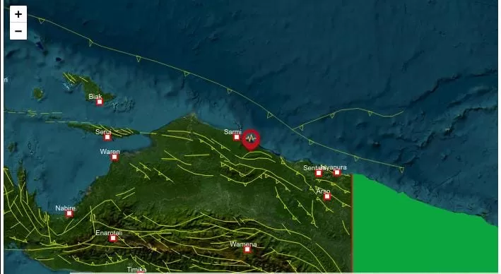 Gempa bumi dengan magnitudo 6,6 mengguncang wilayah Kabupaten Sarmi, Papua, pada Rabu (16/10/2025). 