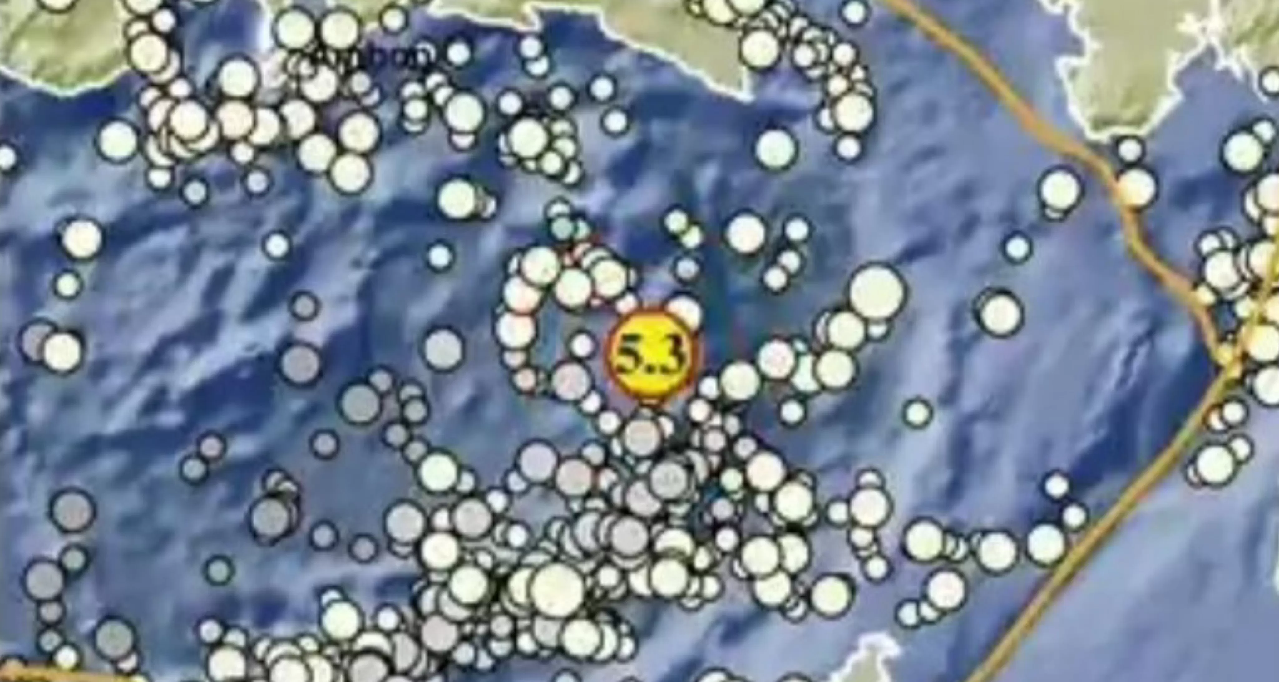 Rangkaian gempa susulan selama 2 hari terakhir di sekitar laut Banda (Rudi Imelda - BMKG)